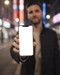 iPhone Mockup | People Street Man Night | PNG Mockup Template | bulkmockup | For App & Web Designers | MockupBulk