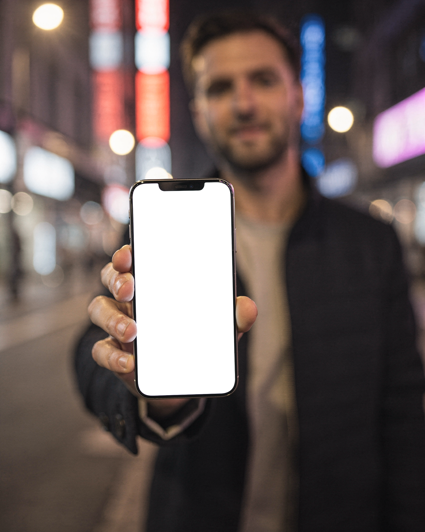 iPhone Mockup | People Street Man Night | PNG Mockup Template | bulkmockup | For App & Web Designers | MockupBulk