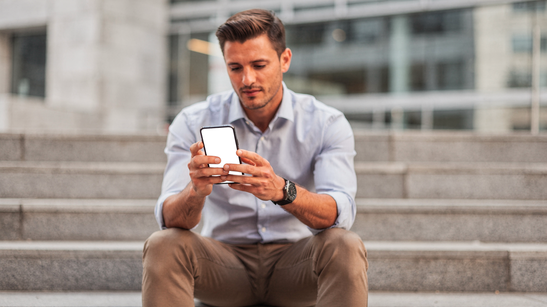 iPhone Mockup — People Street Man Steps — PNG Mockup Template | bulkmockup | For App & Web Designers | MockupBulk