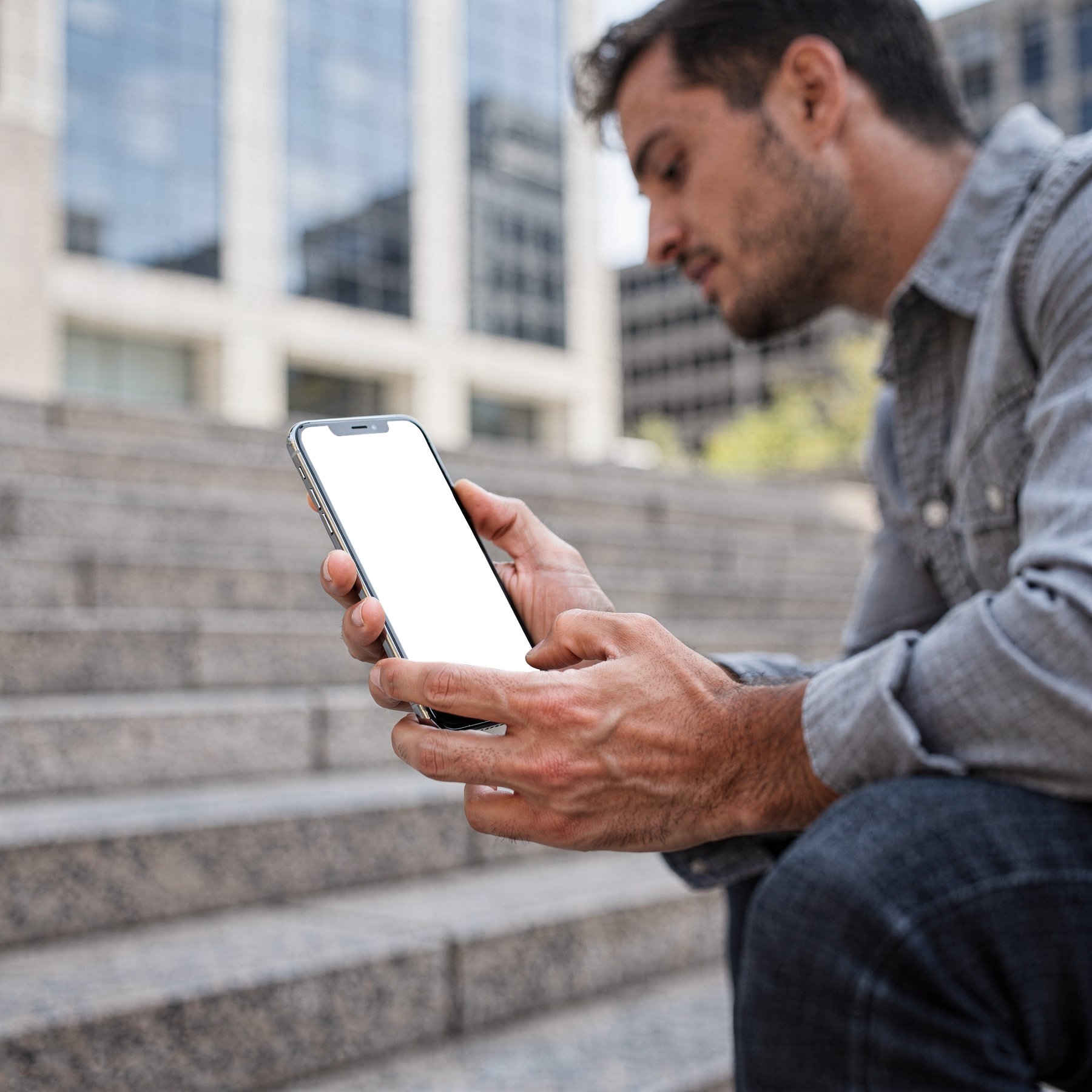 iPhone Mockup | People Street Man Steps | High-Resolution Transparent PNG | bulkmockup | Commercial Use | MockupBulk