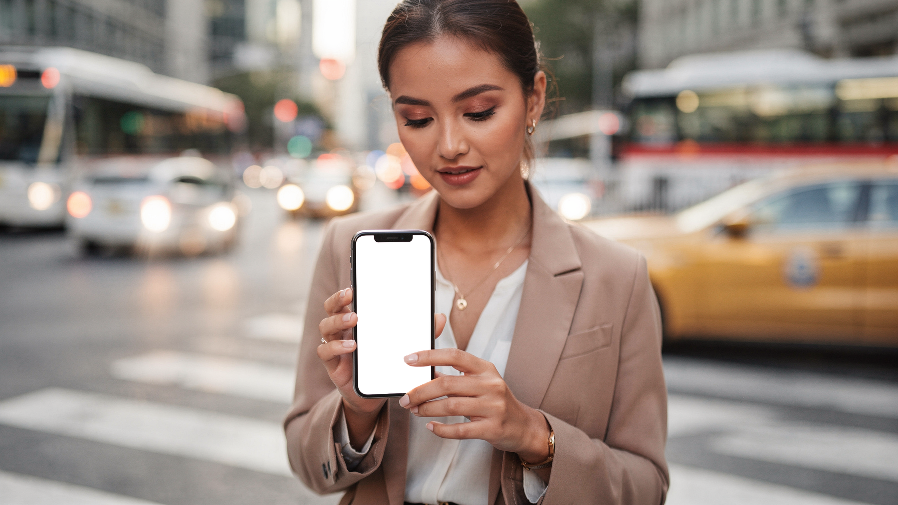 iPhone, People Street Woman Crossing | PNG Mockup Template | bulkmockup | For App & Web Designers | MockupBulk