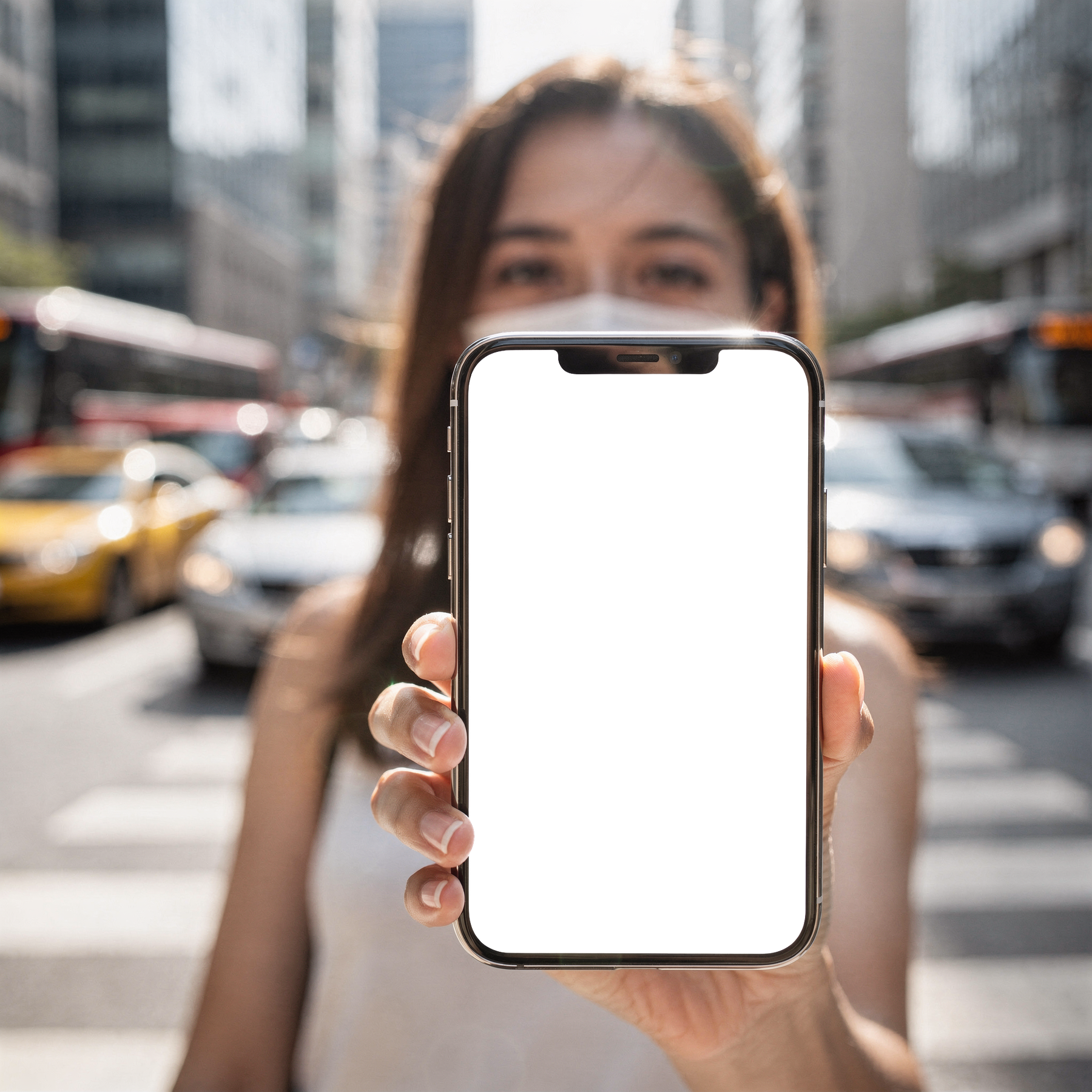 iPhone, People Street Woman Crossing | Device Mockup PNG | bulkmockup | Commercial Licence Included | MockupBulk