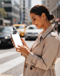 iPhone Mockup — People Street Woman Crossing — PNG Mockup Template | bulkmockup | For App & Web Designers | MockupBulk