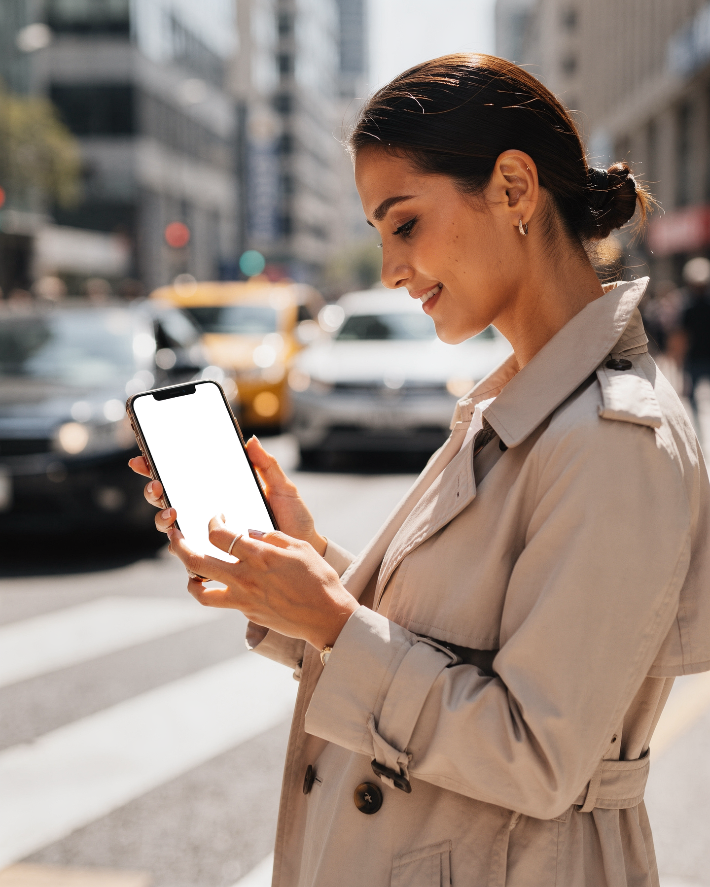 iPhone Mockup — People Street Woman Crossing — PNG Mockup Template | bulkmockup | For App & Web Designers | MockupBulk