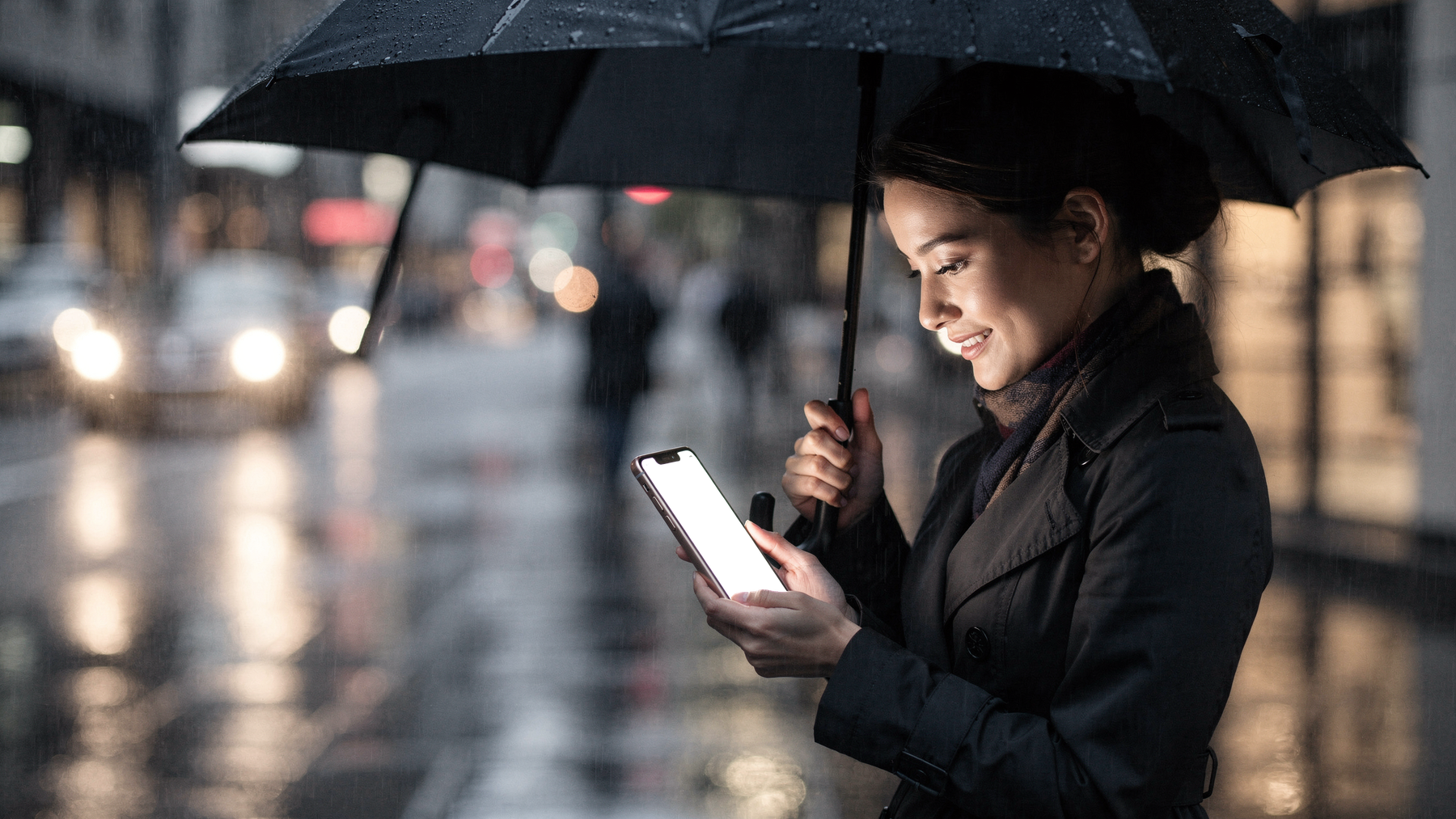 People Street Woman Rain iPhone Mockup | High-Resolution Transparent PNG | bulkmockup | Commercial Use | MockupBulk