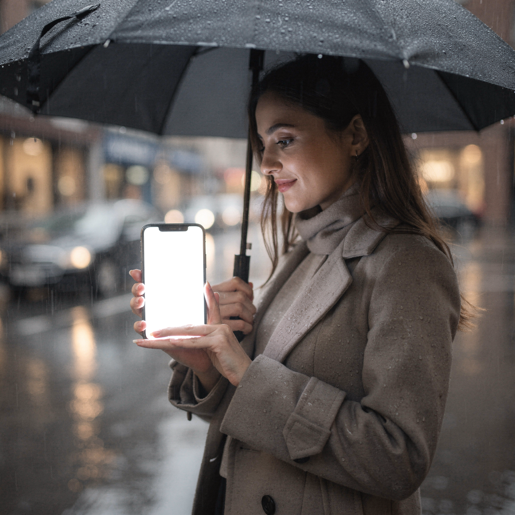 People Street Woman Rain iPhone Mockup | High-Res PNG Mockup | bulkmockup | Commercial Licence | MockupBulk