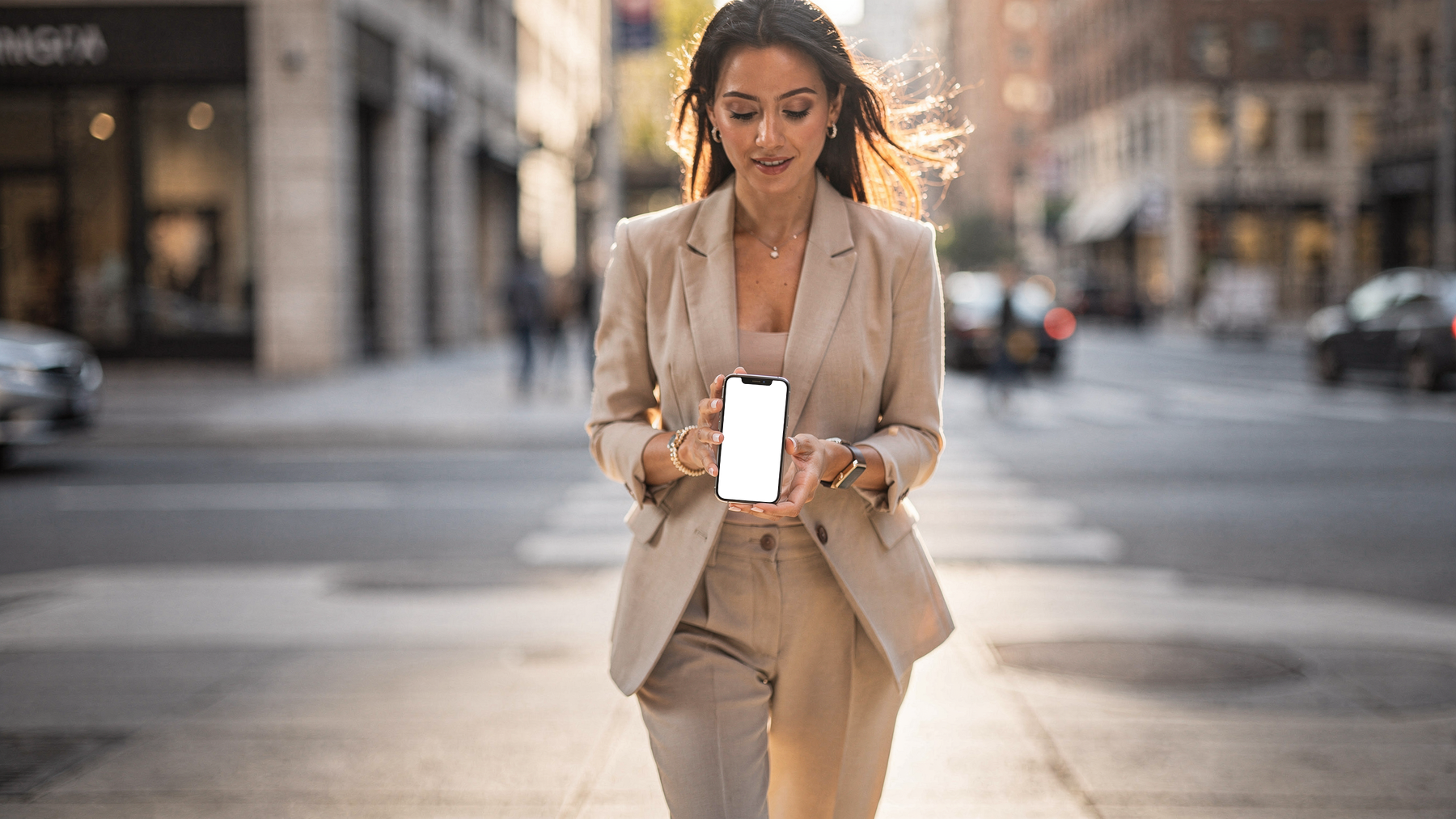 People Street Woman Walk iPhone Mockup | PNG Mockup Template | bulkmockup | For App & Web Designers | MockupBulk