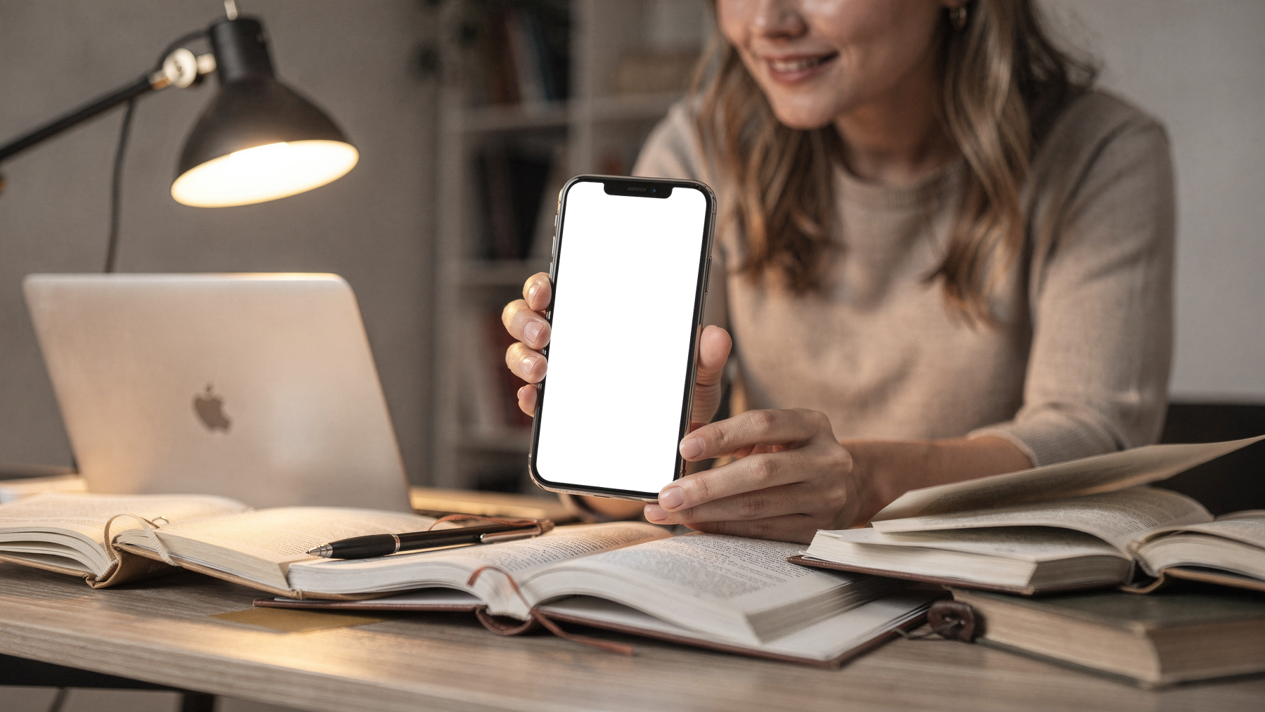 iPhone Mockup — People Study Woman Desk — High-Resolution Transparent PNG | bulkmockup | Commercial Use | MockupBulk