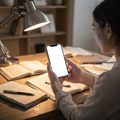 iPhone, People Study Woman Desk | Device Mockup PNG | bulkmockup | Commercial Licence Included | MockupBulk