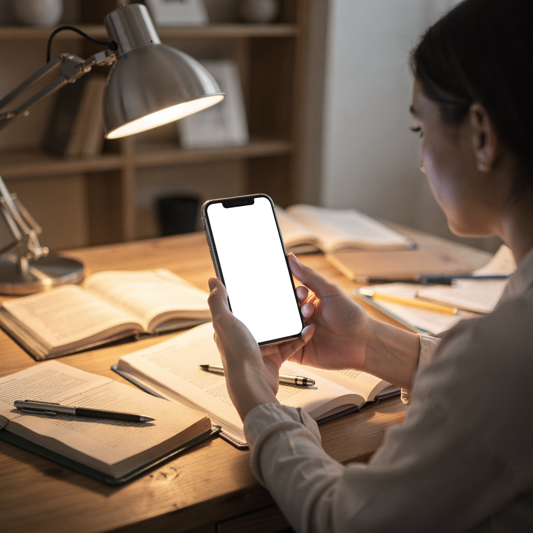 iPhone, People Study Woman Desk | Device Mockup PNG | bulkmockup | Commercial Licence Included | MockupBulk