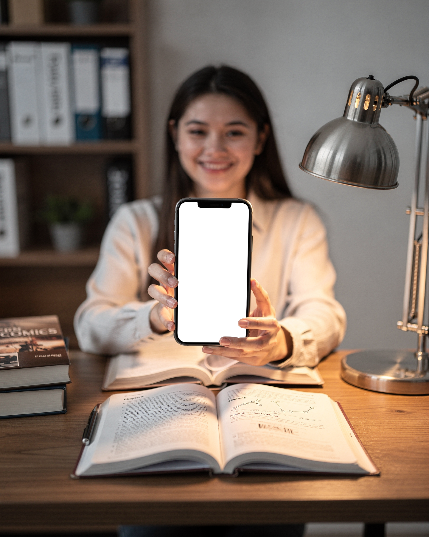 People Study Woman Desk iPhone Mockup | Transparent Screen PNG Download | Commercial Licence | bulkmockup