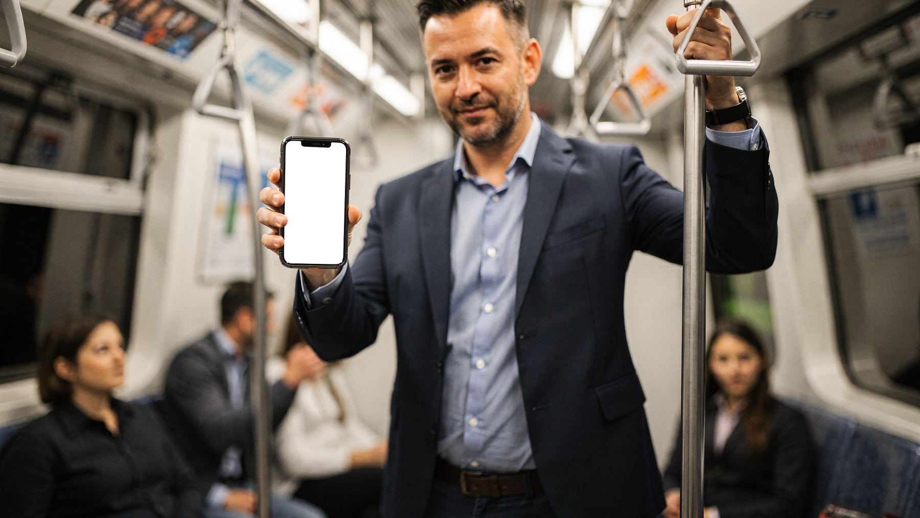 iPhone Mockup | People Subway Man Standing | High-Res PNG with Transparent Screen | Commercial Use | bulkmockup | MockupBulk