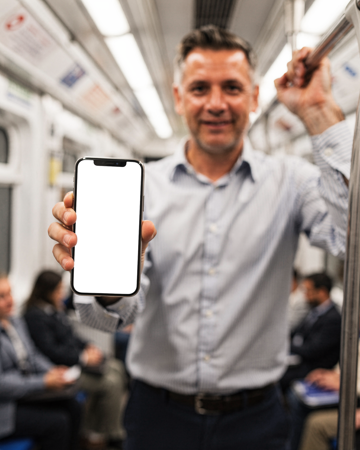 People Subway Man Standing iPhone Mockup | bulkmockup PNG Template | Transparent Display | Commercial Use | MockupBulk