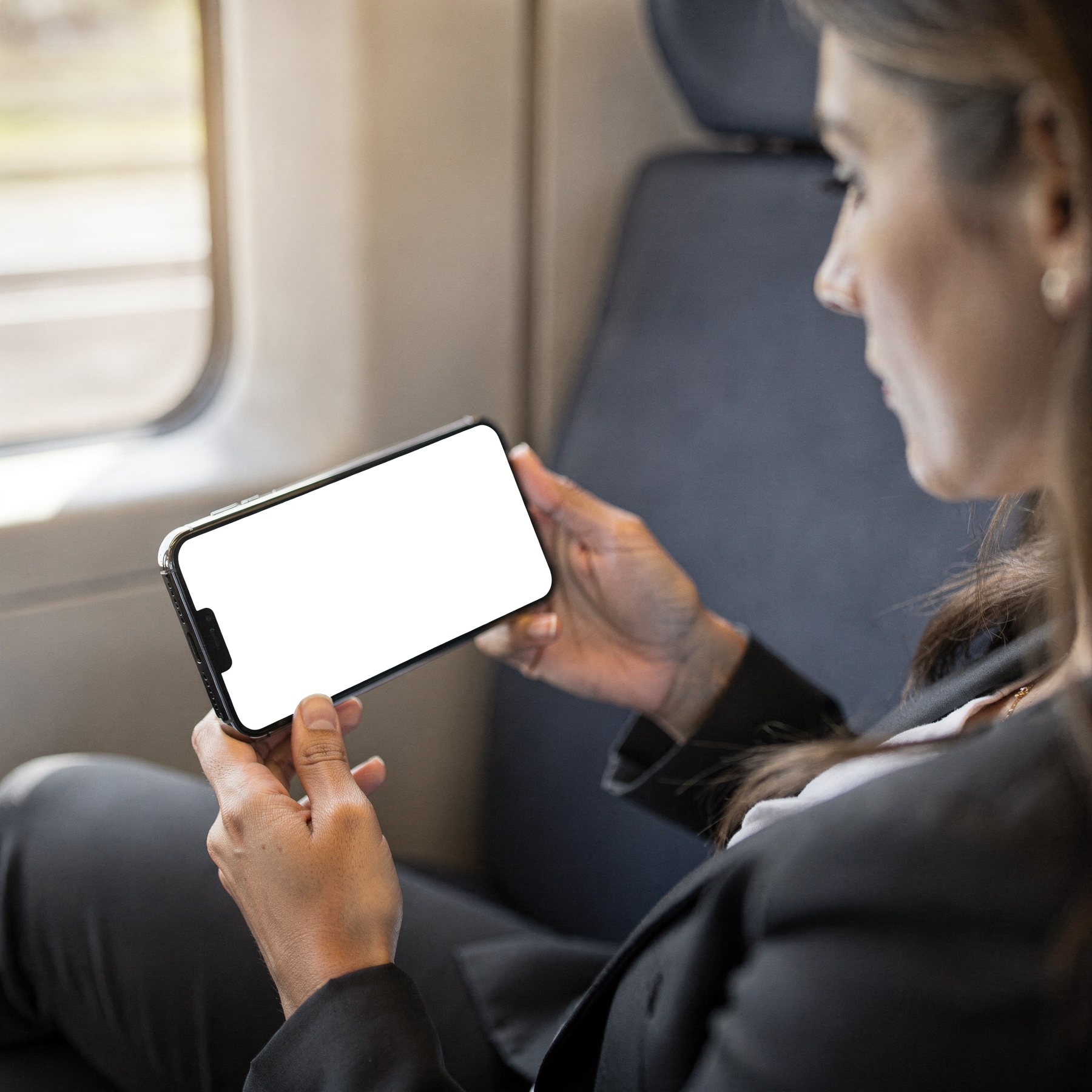 People Train Woman Landscape iPhone Mockup | Device Screen PNG | bulkmockup Template | For Portfolio & Showcase | MockupBulk