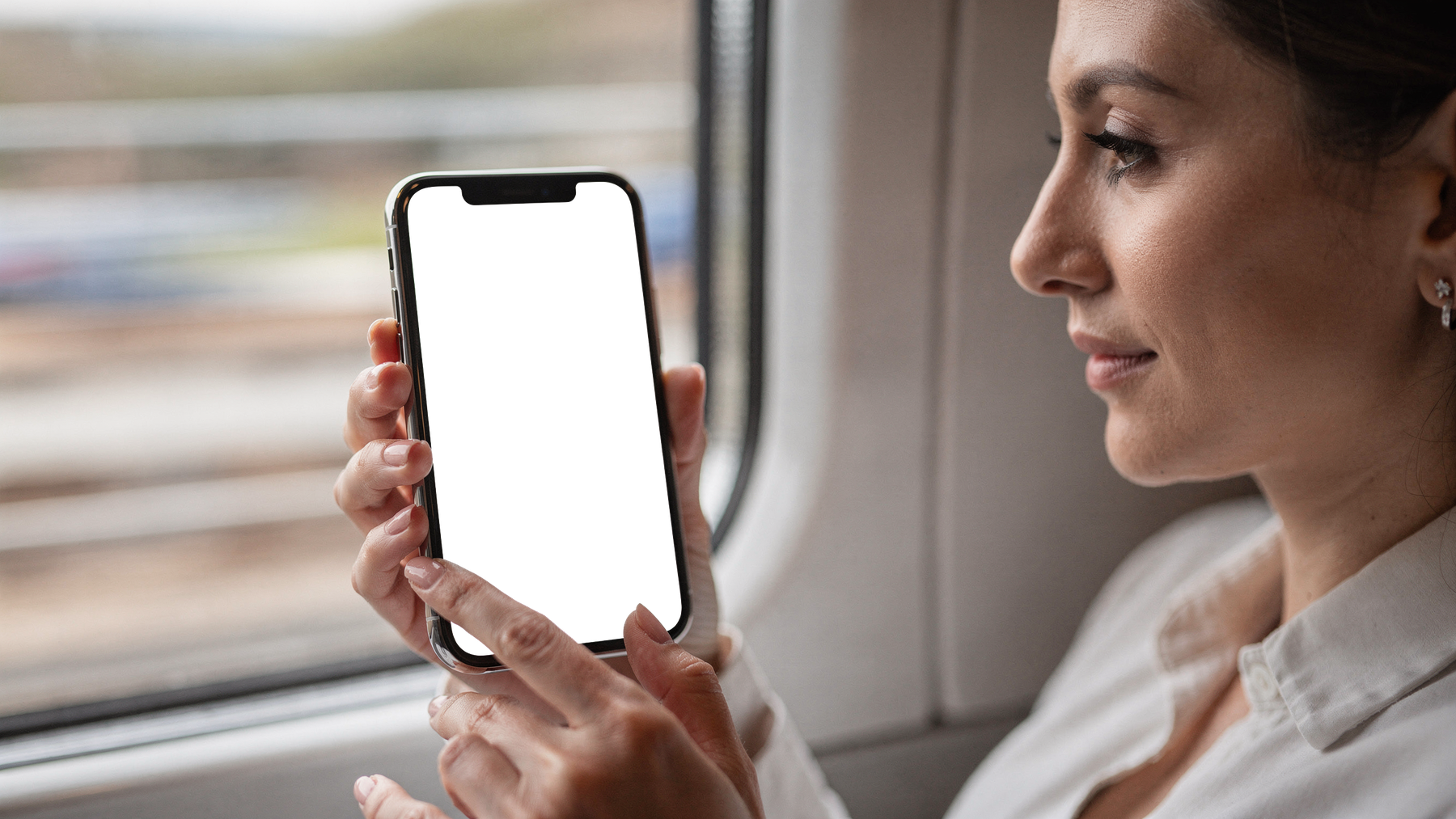 iPhone, People Train Woman Window | bulkmockup PNG Template | Transparent Display | Commercial Use | MockupBulk