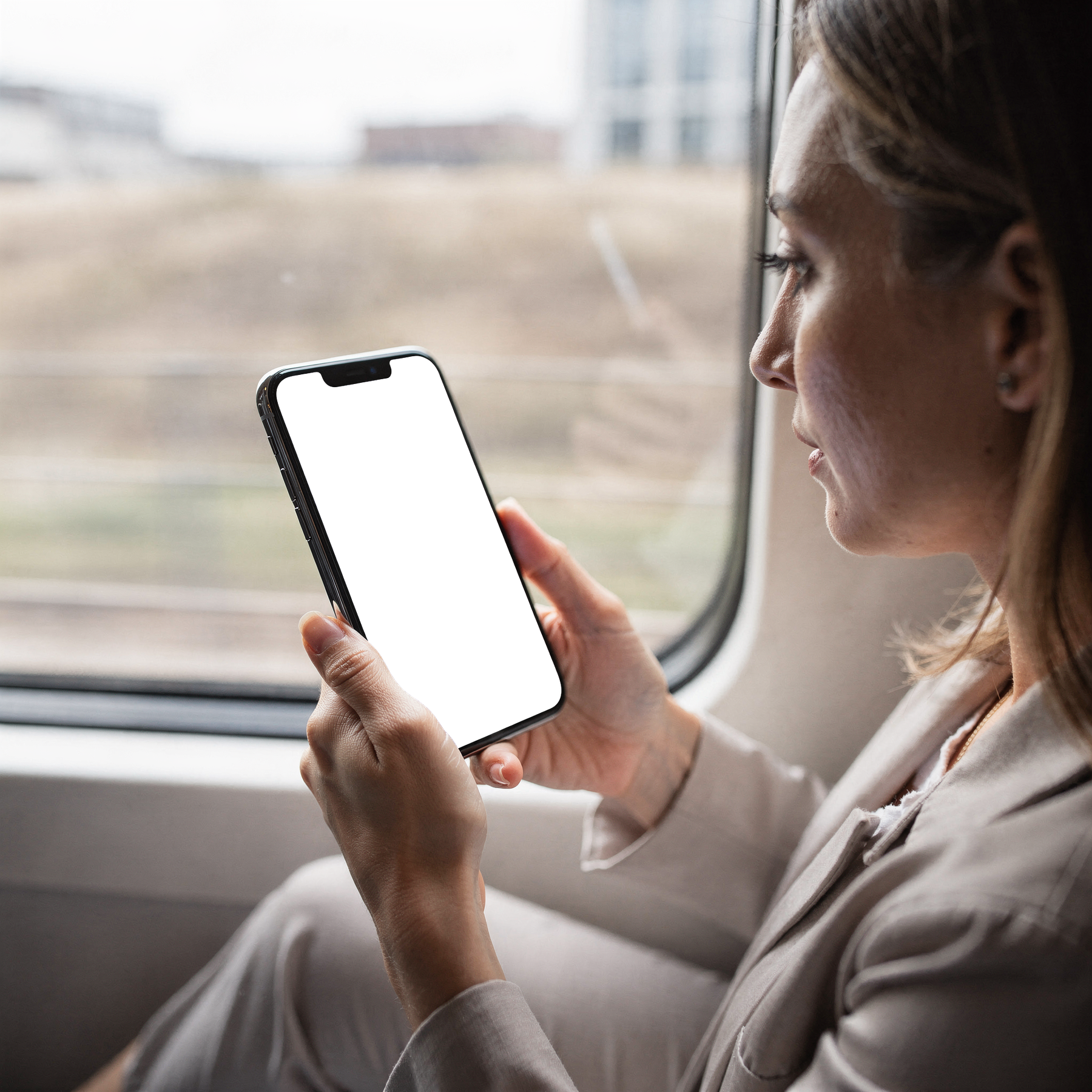 iPhone Mockup — People Train Woman Window — High-Res PNG with Transparent Screen | Commercial Use | bulkmockup | MockupBulk