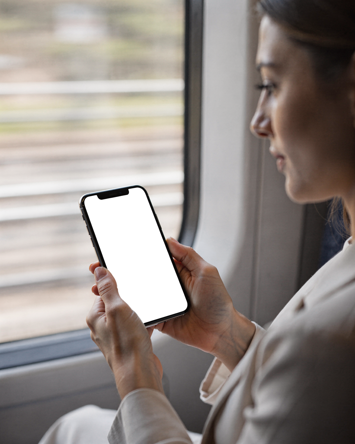 iPhone Mockup — People Train Woman Window — Instant PNG Download | Transparent Screen | Commercial Use | MockupBulk