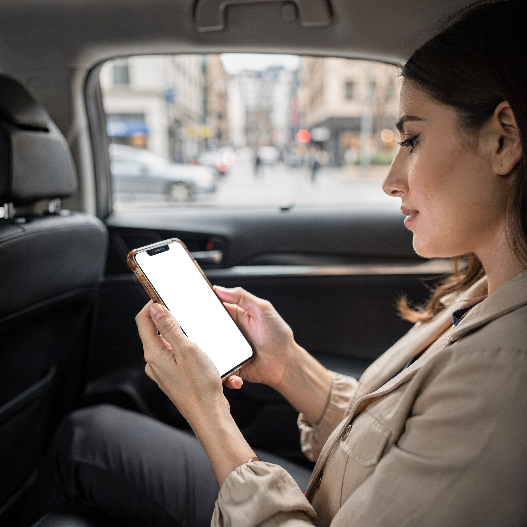 iPhone Mockup | People Uber Woman Backseat | bulkmockup Transparent Mockup | PNG Download | Commercial Use | MockupBulk