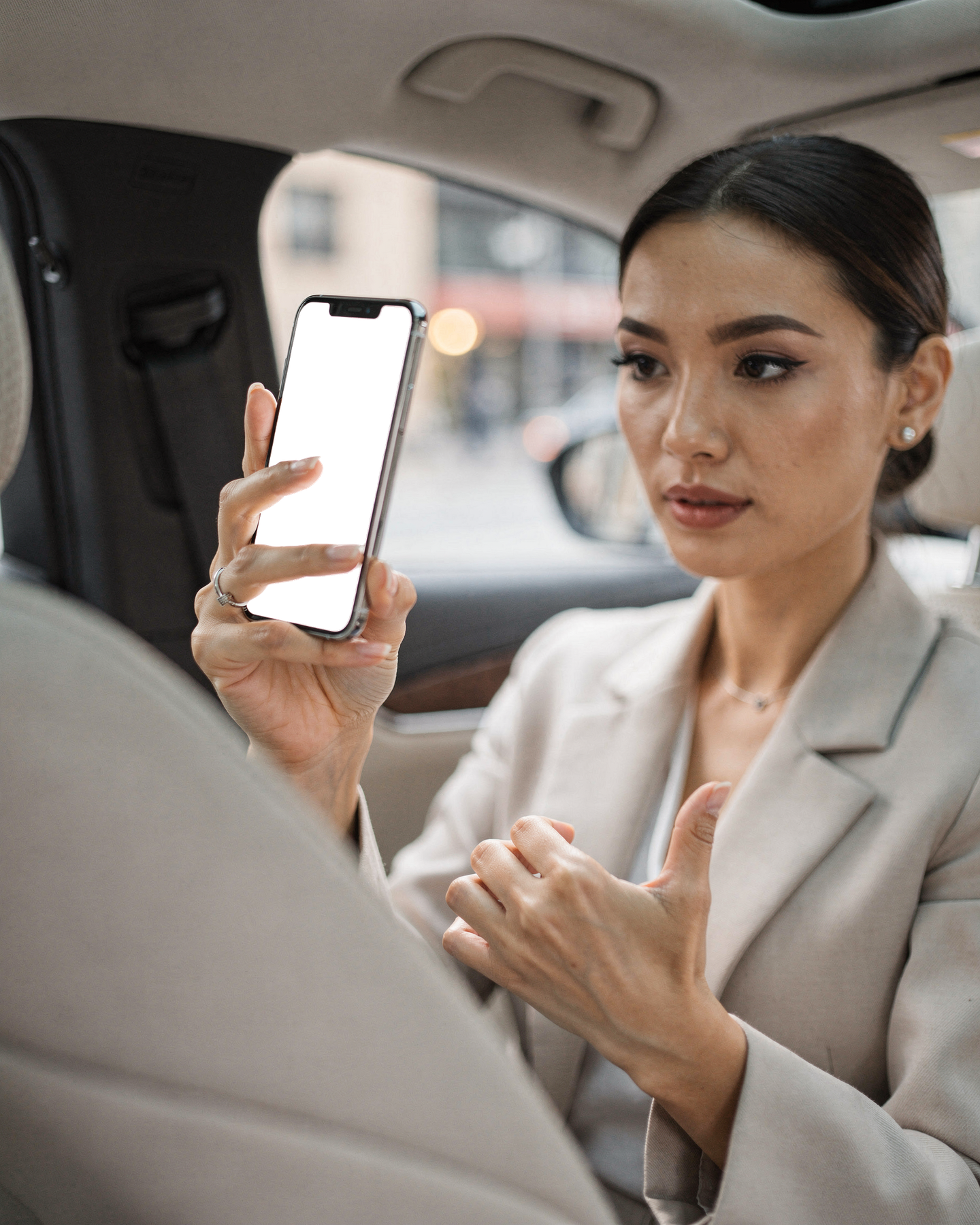 iPhone Mockup | People Uber Woman Backseat | Transparent Screen PNG Download | Commercial Licence | bulkmockup