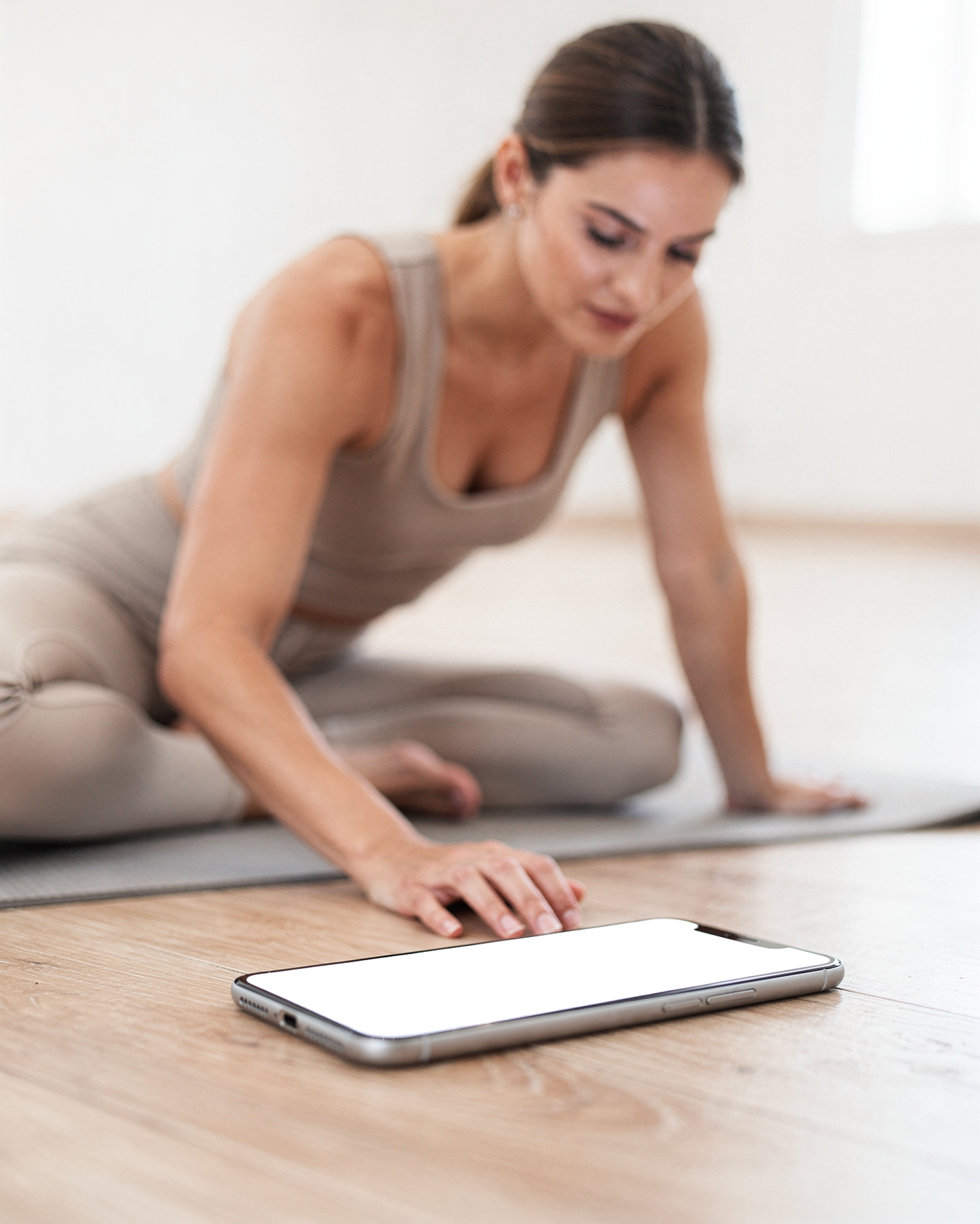 People Yoga Woman Mat iPhone Mockup | PNG Mockup Template | bulkmockup | For App & Web Designers | MockupBulk